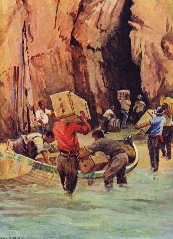 Smugglare som gömmer sitt smuggelgods i grottor (färg litho) av English School