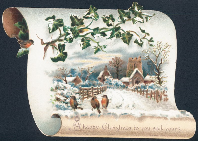 Snö scen med Robins och kyrkan, julkort av English School