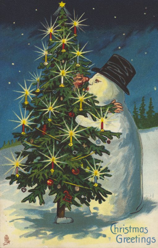 Kyssar snögubbe och julgran (chromolitho) av English School