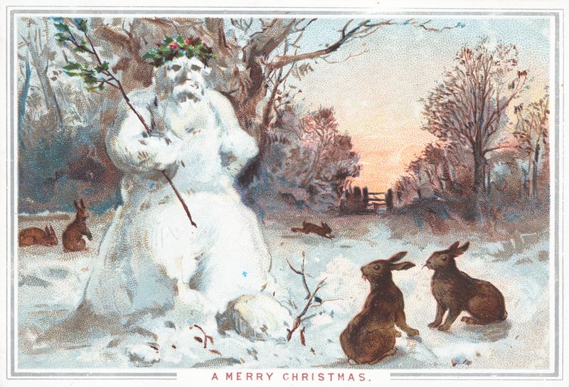 Snögubbe och harar, julkort av English School