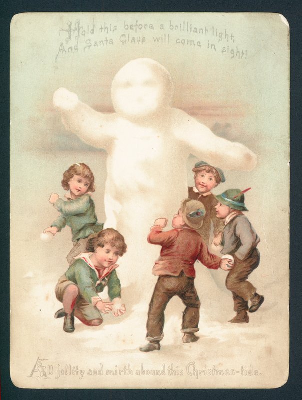 Snögubbe, barn och snöbollar, julkort av English School