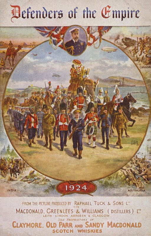 Soldater från det brittiska imperiet och kung George V (färglitografi) av English School