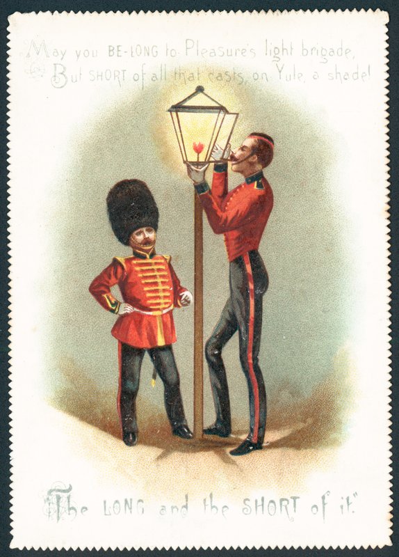 Soldater tänder gaslampa, julkort av English School
