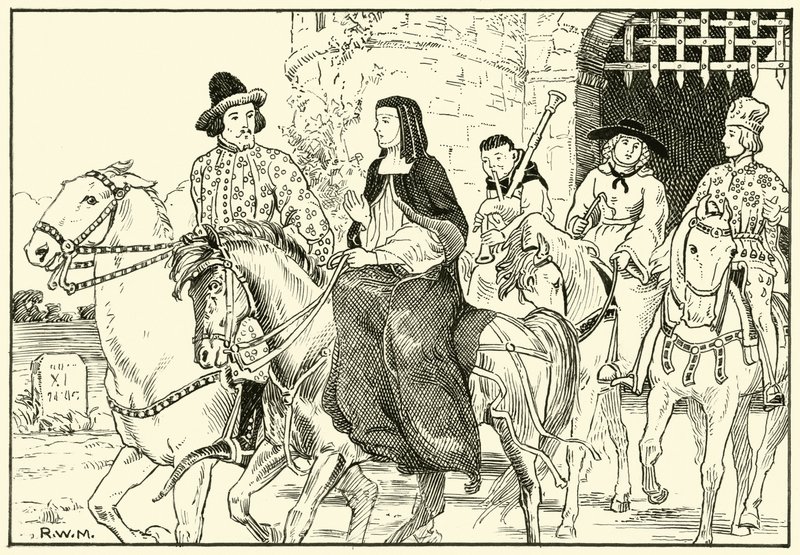 Några av Canterbury Pilgrims (bläck på papper) av English School