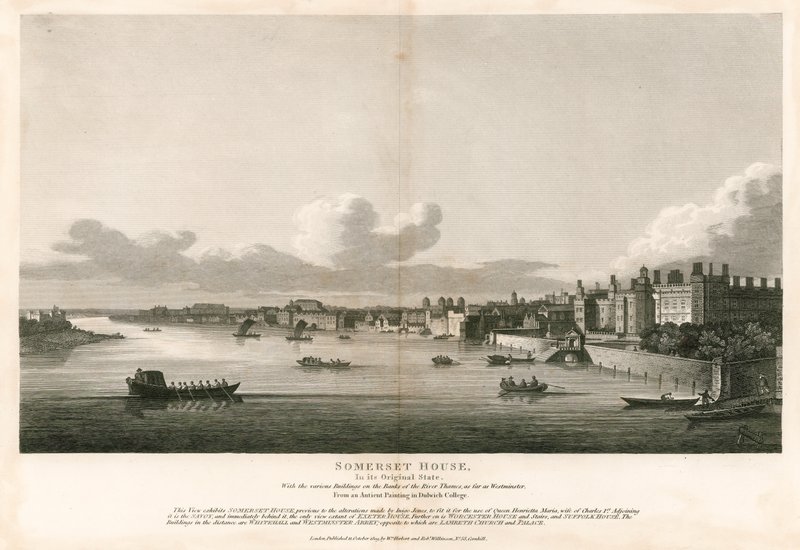 Somerset House, London, i sitt ursprungliga skick med de olika byggnaderna på stranden av Themsen så långt som till Westminster av English School