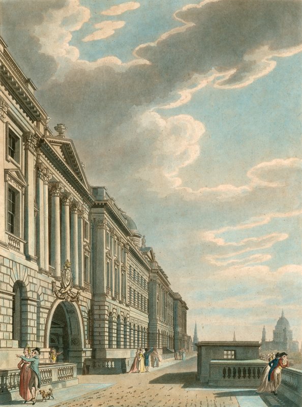 Somerset Terrace längs Themsen, Somerset House, The Strand, London av English School