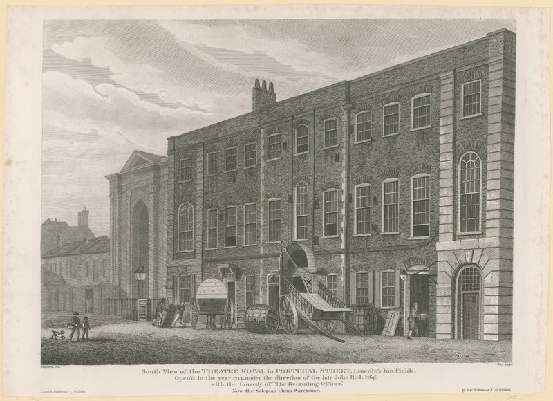 South View av den tidigare Theatre Royal i Portugal Street, Lincolns Inn Fields av English School