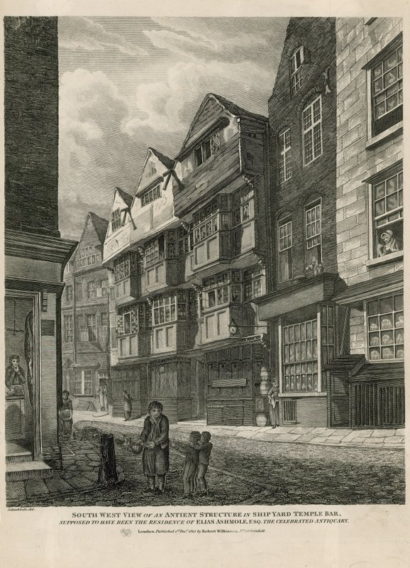 Sydvästlig vy av en gammal struktur i Ship Yard Temple Bar, som antas ha varit bostaden för Elias Ashmole, den berömda antikvarien av English School