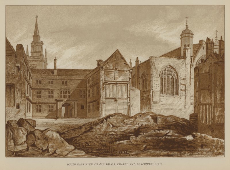 Sydostvy över Guildhall Chapel och Blackwell Hall, City of London av English School