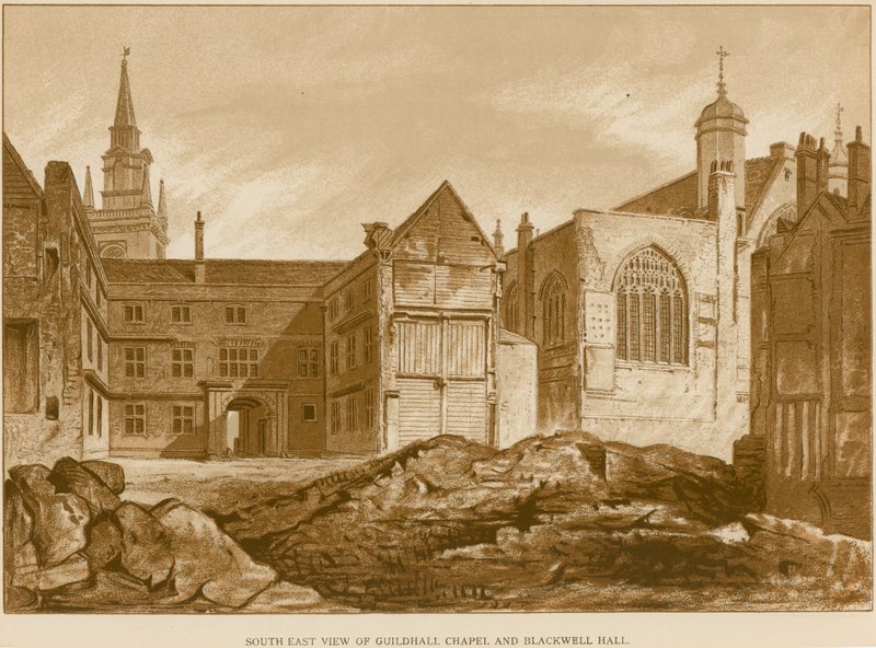 Sydostvy över Guildhall Chapel och Blackwell Hall, London av English School