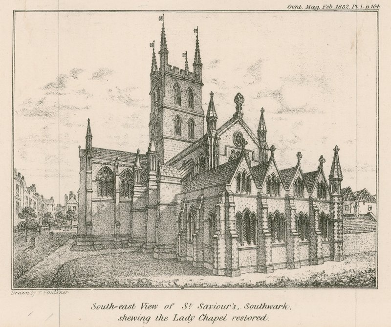 Sydostvy av St Savios Church, Southwark, som visar Lady Chapel återställd av English School