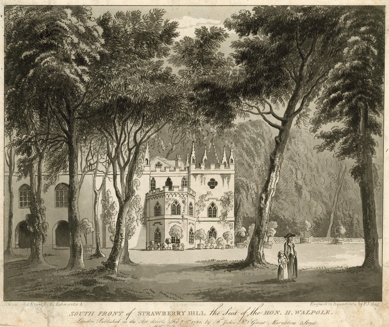 Söder framsidan av Strawberry Hill, Twickenham, London, säte för den ärade Horace Walpole av English School
