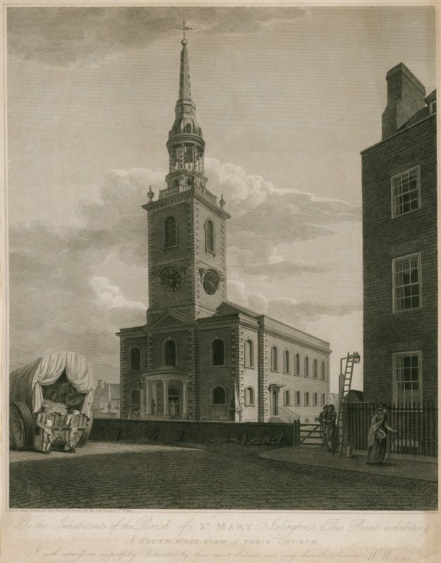 Söder utsikt över St Marys Church, Islington, London av English School