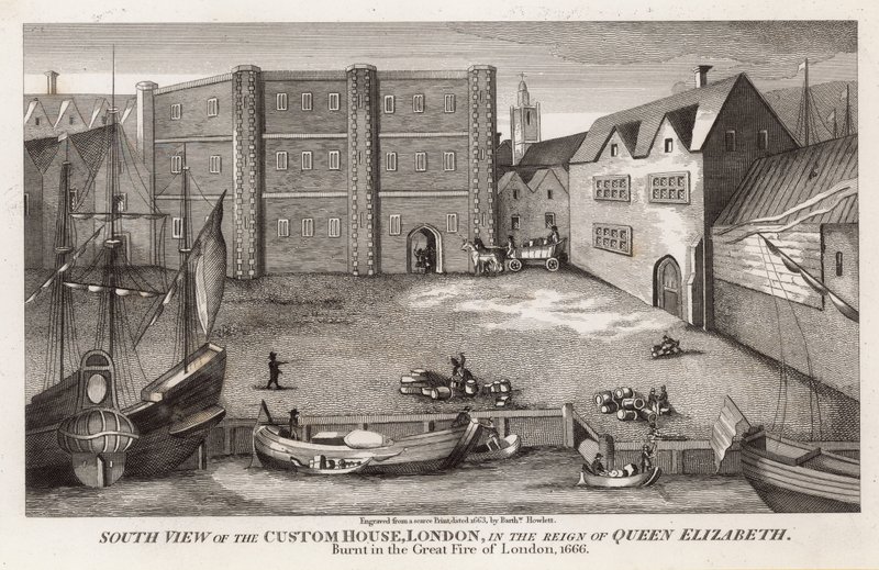 Södervy av Custom House, London, under drottning Elizabeths regeringstid av English School