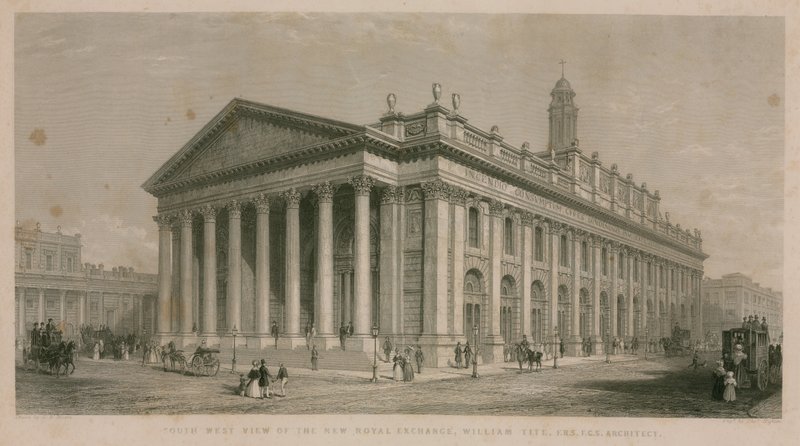 Sydvästlig vy över den nya Royal Exchange, London av English School