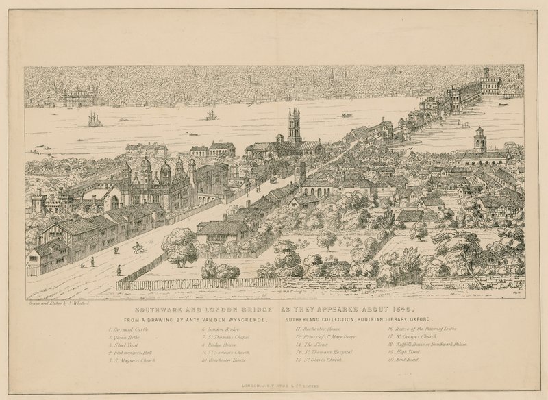 Southwark och London Bridge som de såg ut omkring 1546 av English School