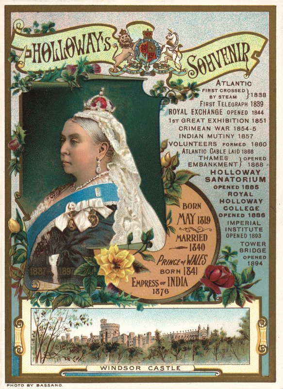 Souvenir från drottning Victorias diamantjubileum 1897 som visar de viktigaste händelserna under hennes regeringstid (chromolitho) av English School