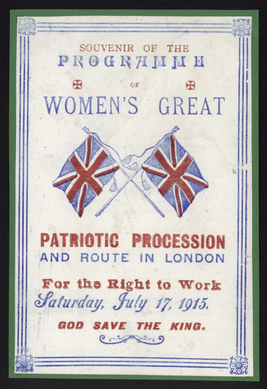 Souvenirprogram för kvinnornas procession för rätten att arbeta, London, 17 juli 1915 av English School