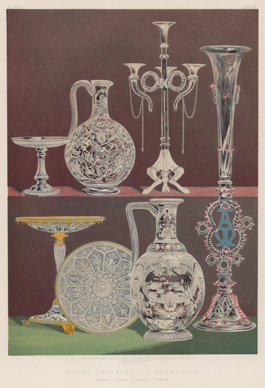 Exemplar av graverat glas av herrarna Dobson och Pearce, London av English School