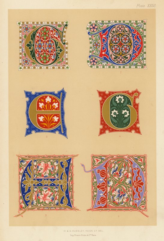 Provexemplar av illuminerade initialer från 1300- och 1400-talen (färglitografi) av English School