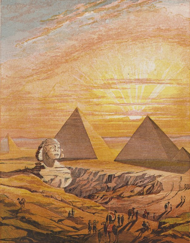 Sfinxen och pyramiderna i Giza, Egypten (färglitografi) av English School