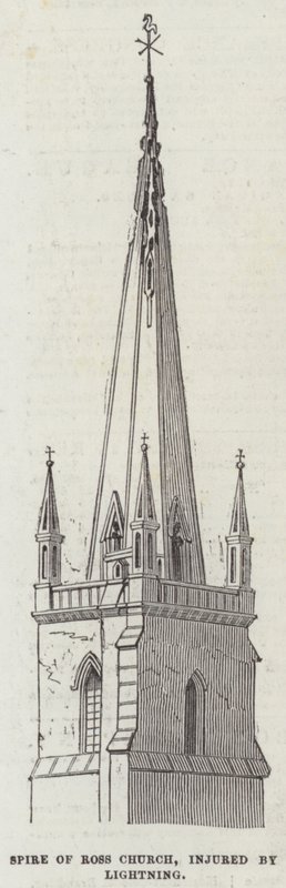 Spire of Ross Church, skadad av blixten (gravyr) av English School