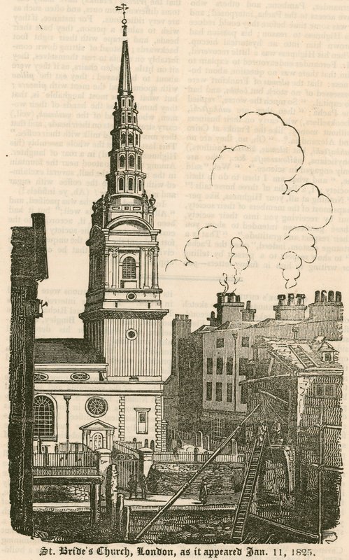 St Brides Church, Fleet Street, London, som den såg ut den 11 januari 1825 av English School