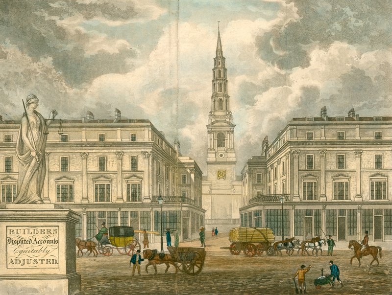 St Brides Church, Fleet Street, London; från en annons för Z Skyring, inspektör, Primrose Street, Bishopsgate av English School
