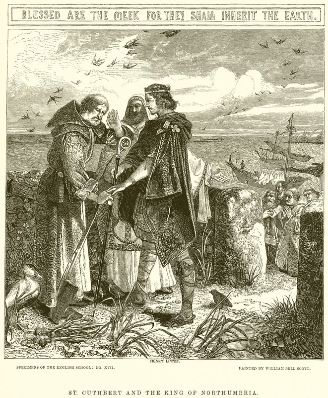 St. Cuthbert och kungen av Northumbria av English School