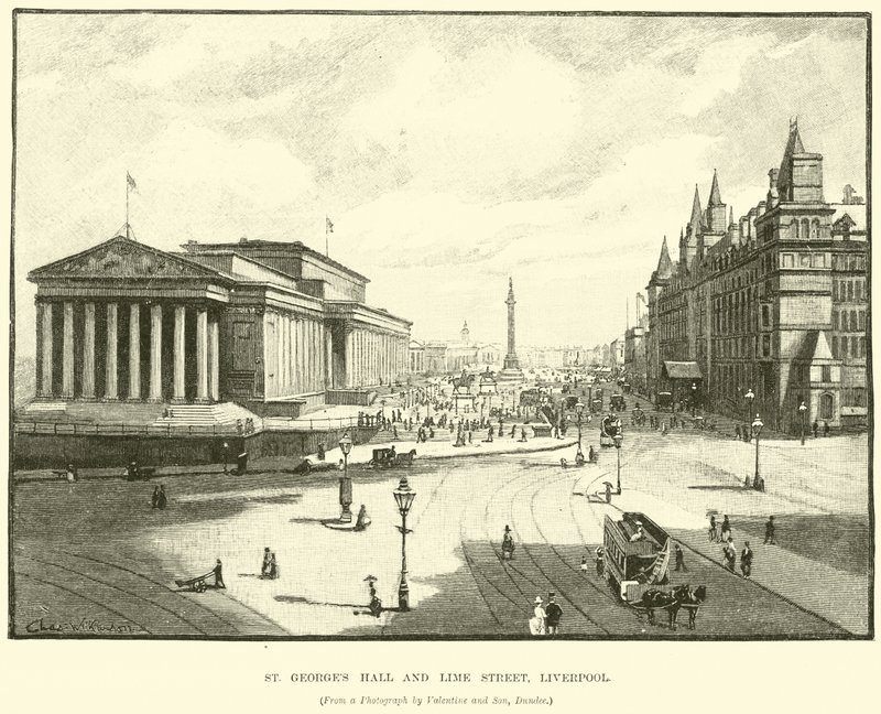 St Georges Hall och Lime Street, Liverpool av English School