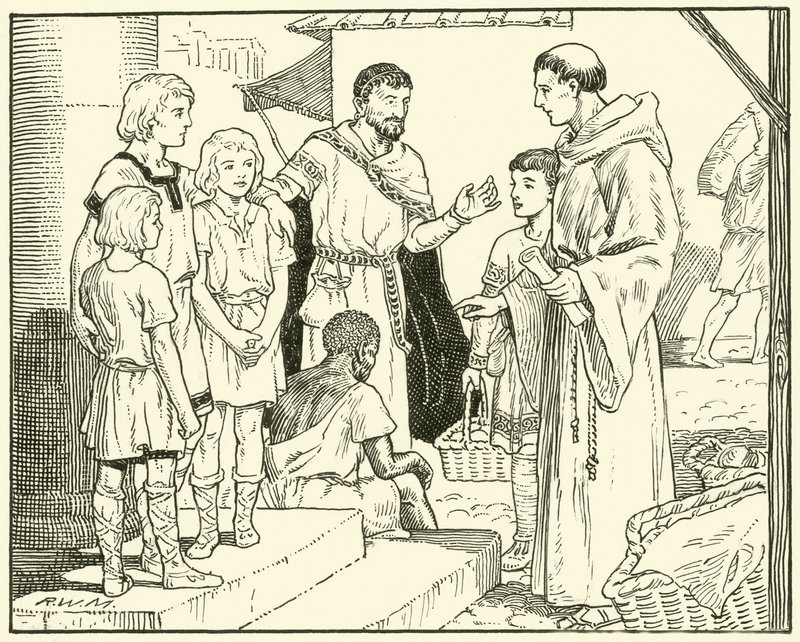 St. Gregory och de engelska slavarna (bläck på papper) av English School