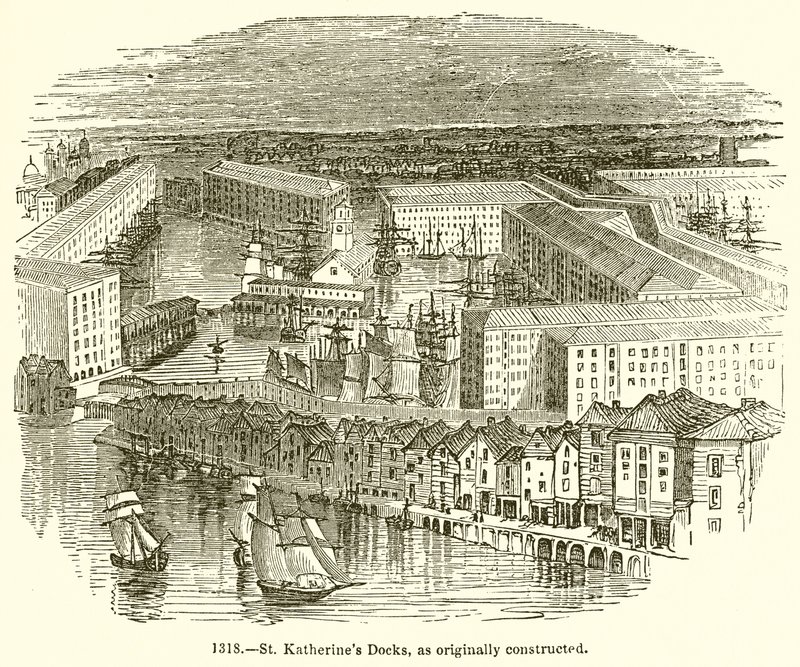 St. Katherines Docks, som ursprungligen konstruerade av English School