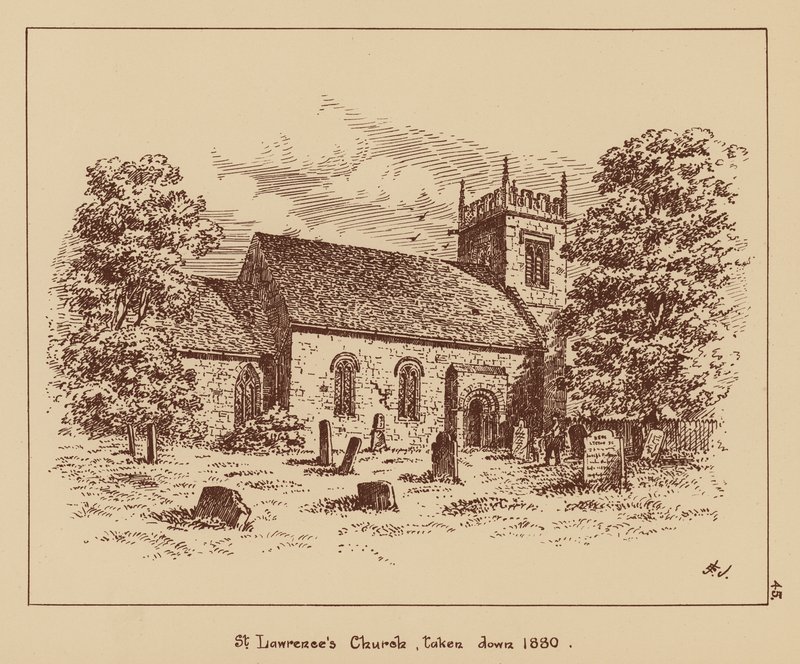 St Lawrences kyrka, nedtagen 1880 (litografi) av English School