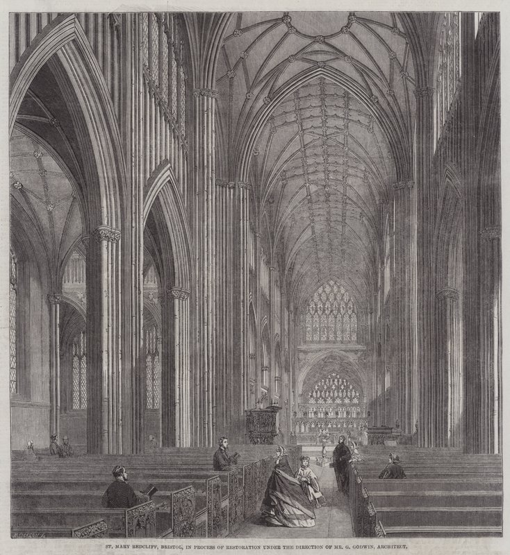 St Mary Redcliffe, Bristol, under restaurering under ledning av Mr G Godwin, arkitekt (gravyr) av English School
