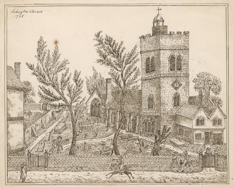 St Marys (gamla kyrkan), Islington (bläck på papper) av English School