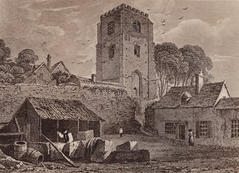 St Marys-kyrkan med den gamla muren 1824 (litografi) av English School