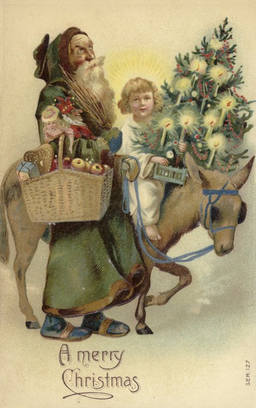 St Nicholas och Jesus Kristus, med julgran och presenter av English School