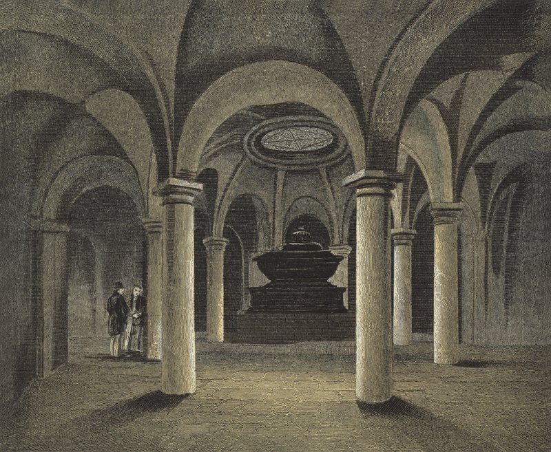 St Pauls Cathedral, The Crypt, Monument av amiral Viscount Nelson under kupolen av English School