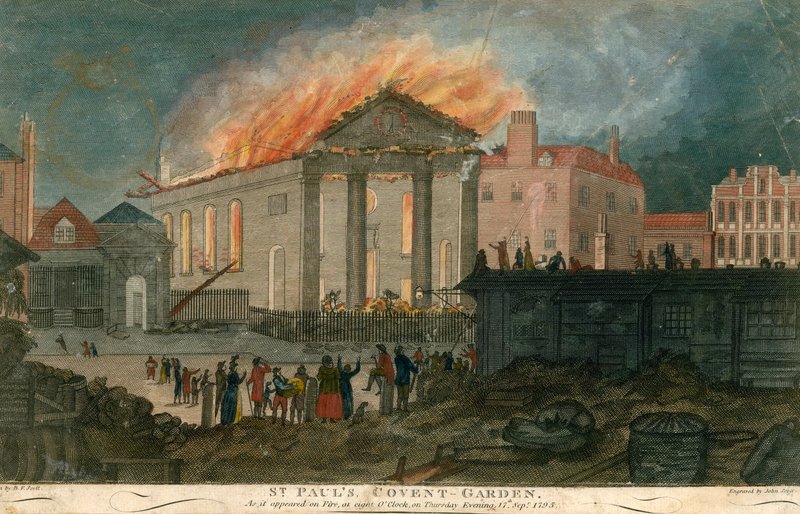 St Pauls Church, Covent Garden, London, när den såg ut att brinna vid 8-tiden på kvällen den 17 september 1795 av English School