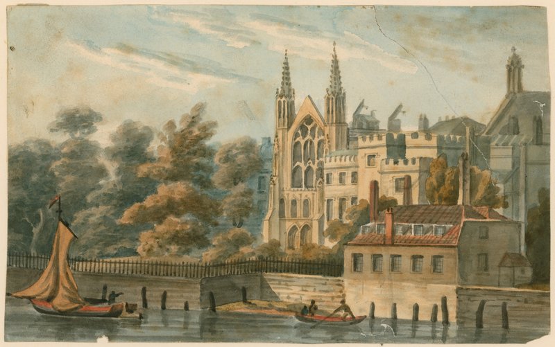 St Stephens Chapel, Speakers House, etc, Westminster, London, från Themsen av English School