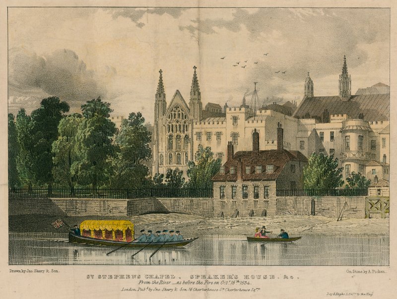 St Stephens Chapel, Speakers House, etc, Westminster, London, från Themsen av English School