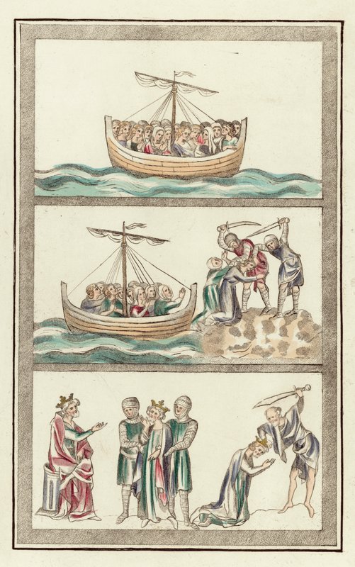 St Ursula med sina jungfruliga följeslagare, St Ursulas martyrium, Martyrdom of St Alban (färgad gravyr) av English School