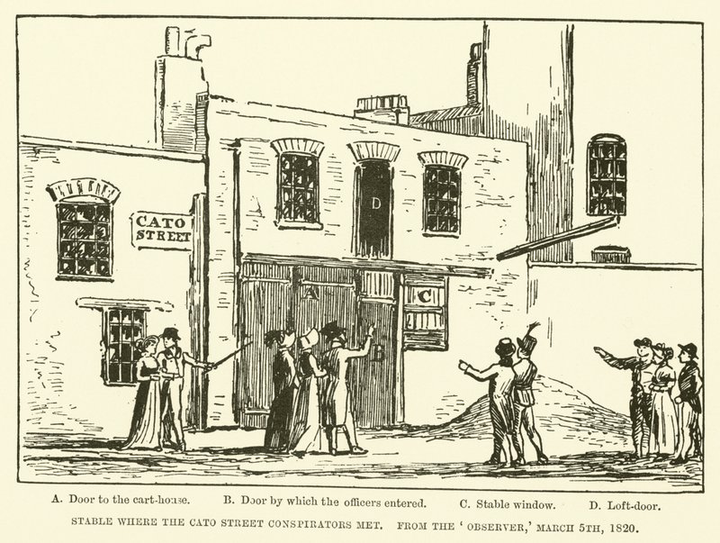 Stall där Cato Street Conspirators möttes, från Observer, 5 mars 1820 (gravyr) av English School