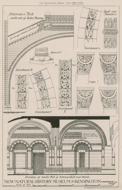 Trappa och båge och höjd av södra väggen i entréhallen till det nya Natural History Museum, South Kensington av English School