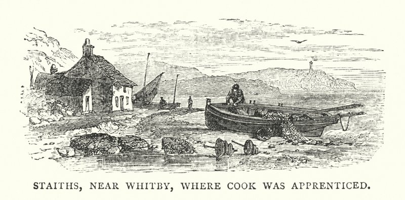 Staiths, nära Whitby, där Cook gick i lärling (färgad gravyr) av English School