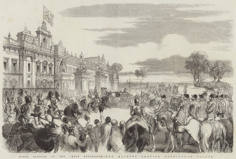 Statlig invigning av den stora utställningen, Hennes Majestät lämnar Buckingham Palace (gravyr) av English School