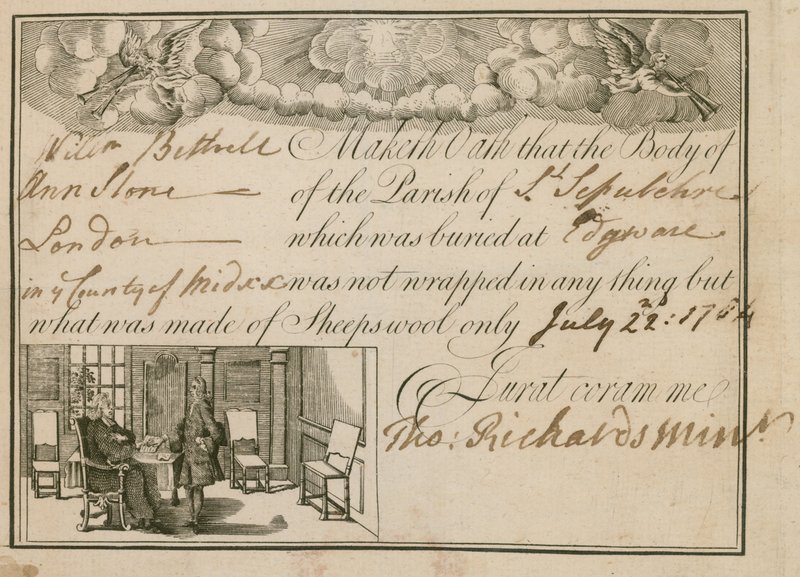 Uttalande om att Ann Slone begravdes i fårull, 1784 av English School