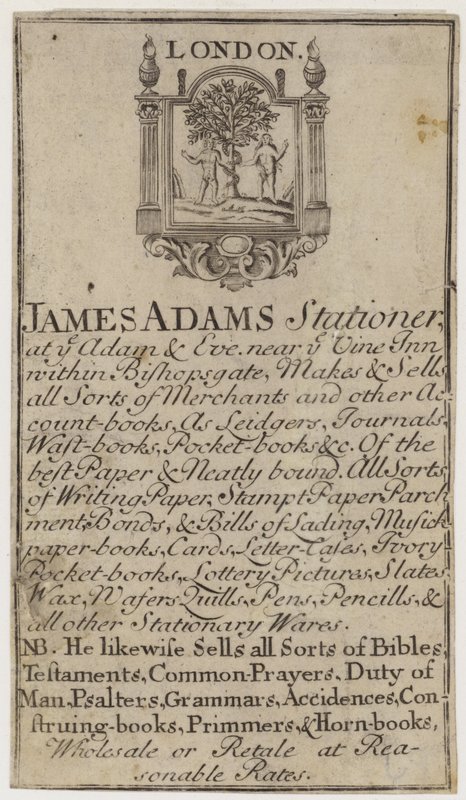 Stationers, James Adams, byteskort av English School