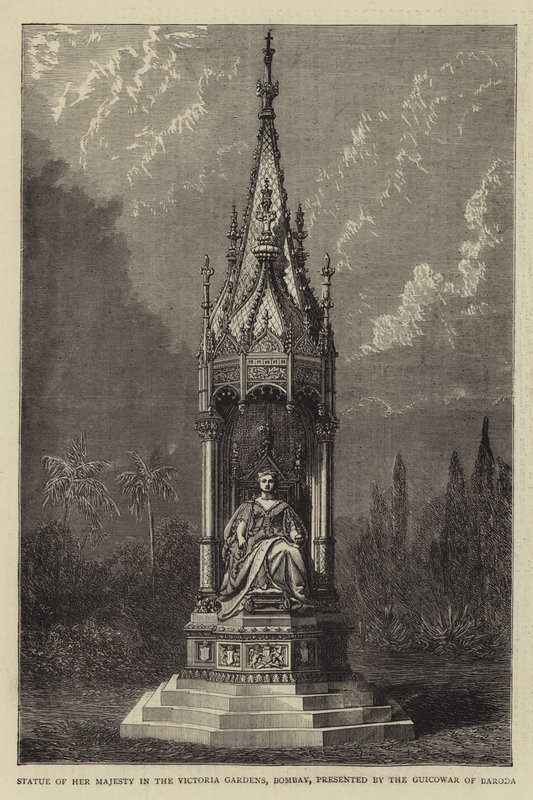Staty av Hennes Majestät i Victoria Gardens, Bombay, presenterad av Guicowar of Baroda (gravyr) av English School