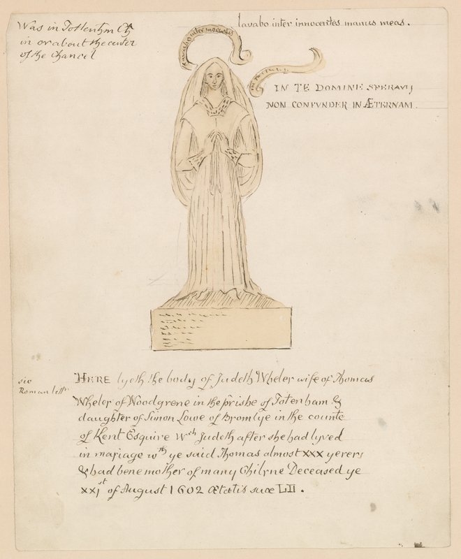Staty, grav av Judeth Wheler som dog 21 augusti 1602 (bläck på papper) av English School